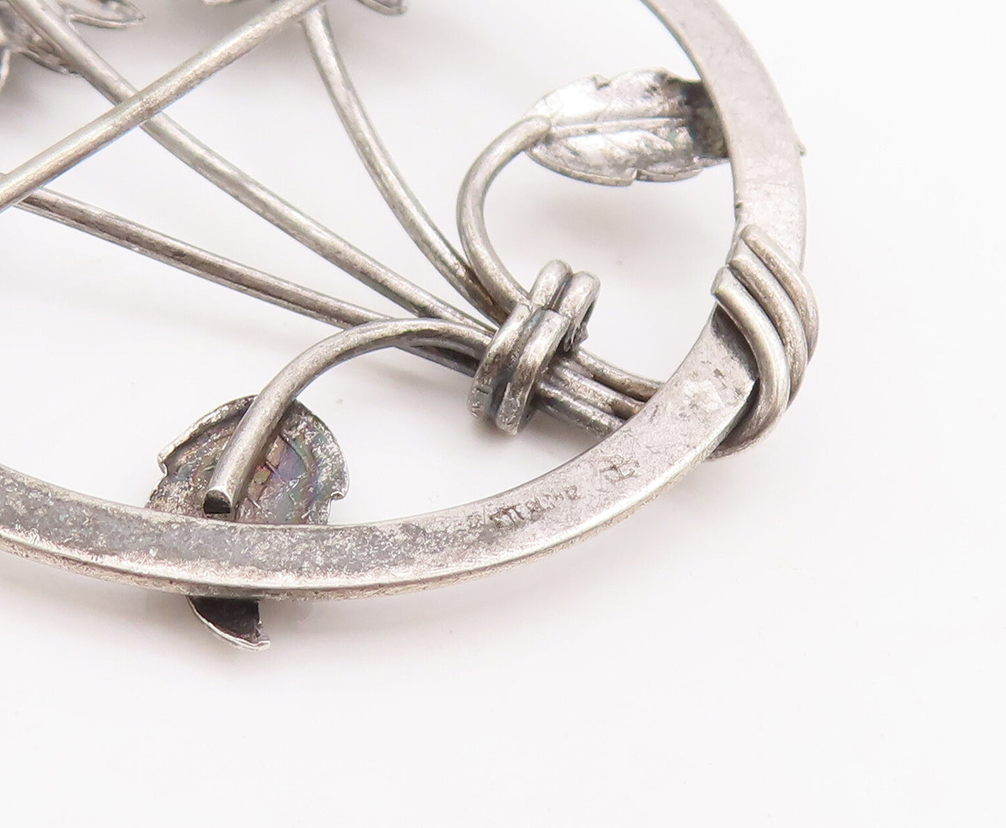 925 Sterling Silver Vintage Brooch Pin Round Framed Sunflowers  BP11121