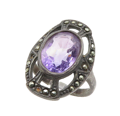 925 Sterling Silver  Vintage Victorian Amethyst Cocktail Ring Sz 7.5  RG18705