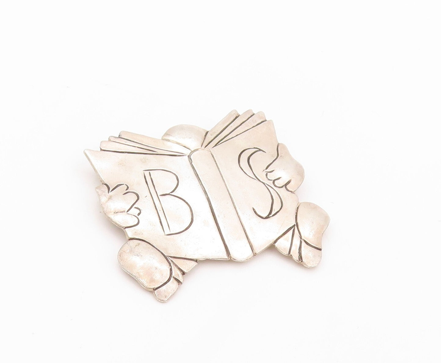 925 Sterling Silver Vintage Brooch Pin Reading B S Initials Etched Book  BP11185
