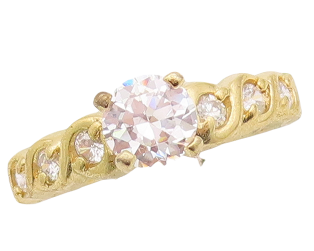 925 Sterling Silver Vintage Ring Gold Plated Carved Round CZ Inlay Sz 7  RG29925
