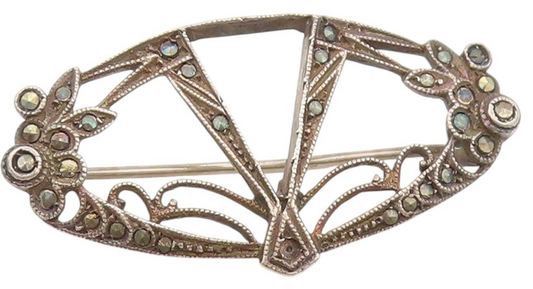 925 Sterling Silver Vintage Brooch GERMANY Antique Marcasite Floral Pin  BP12078