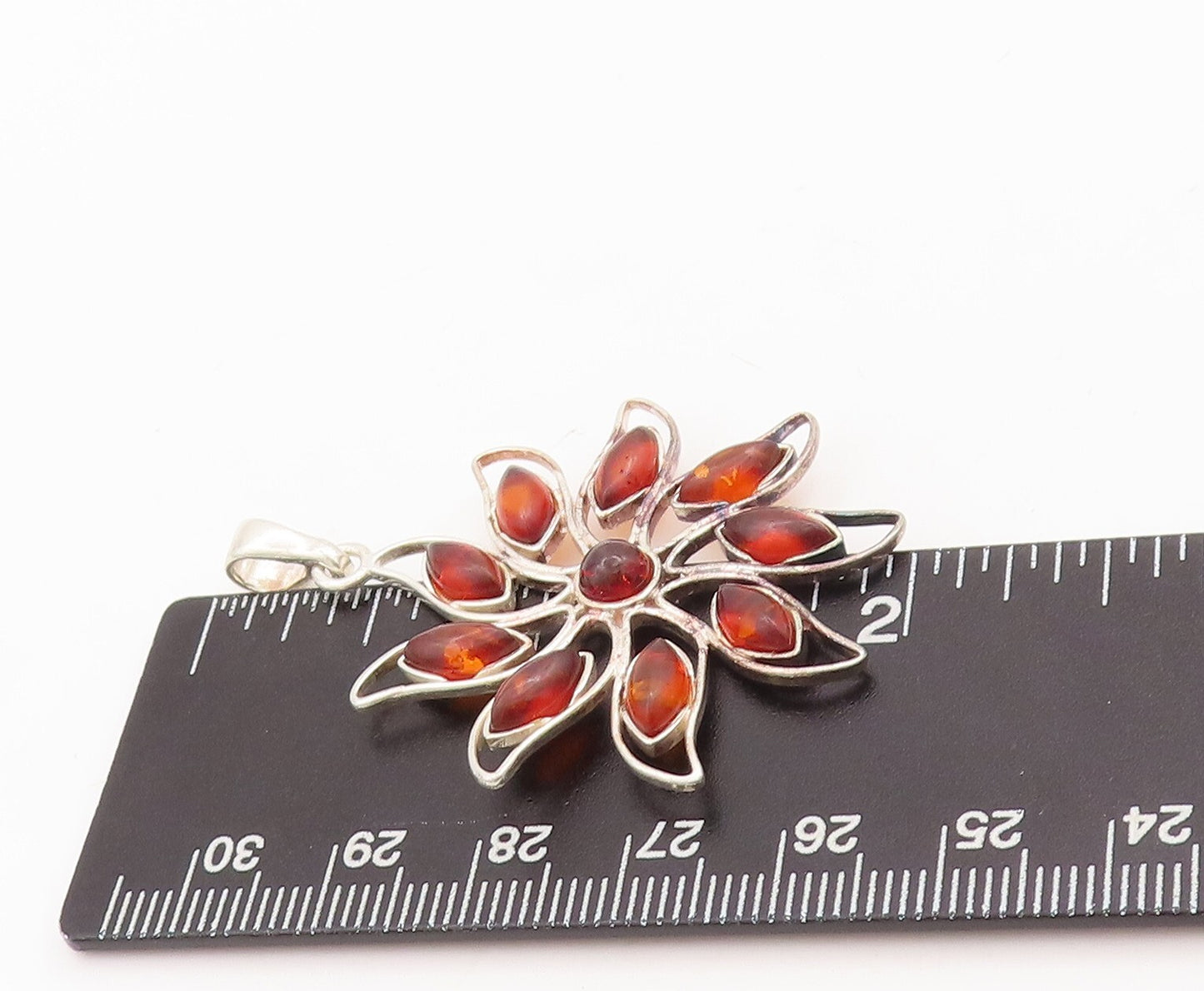 925 Sterling Silver Vintage Pendant Cutout Cabochon Amber Flower  PT23405
