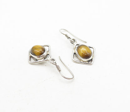 925 Sterling Silver  Cabochon Cut Tiger's Eye Square Drop Earrings  EG3828