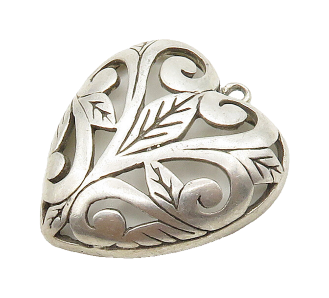 JEZLAINE 925 Silver  Vintage Floral Leaf Love Heart Dome Pendant  PT12584