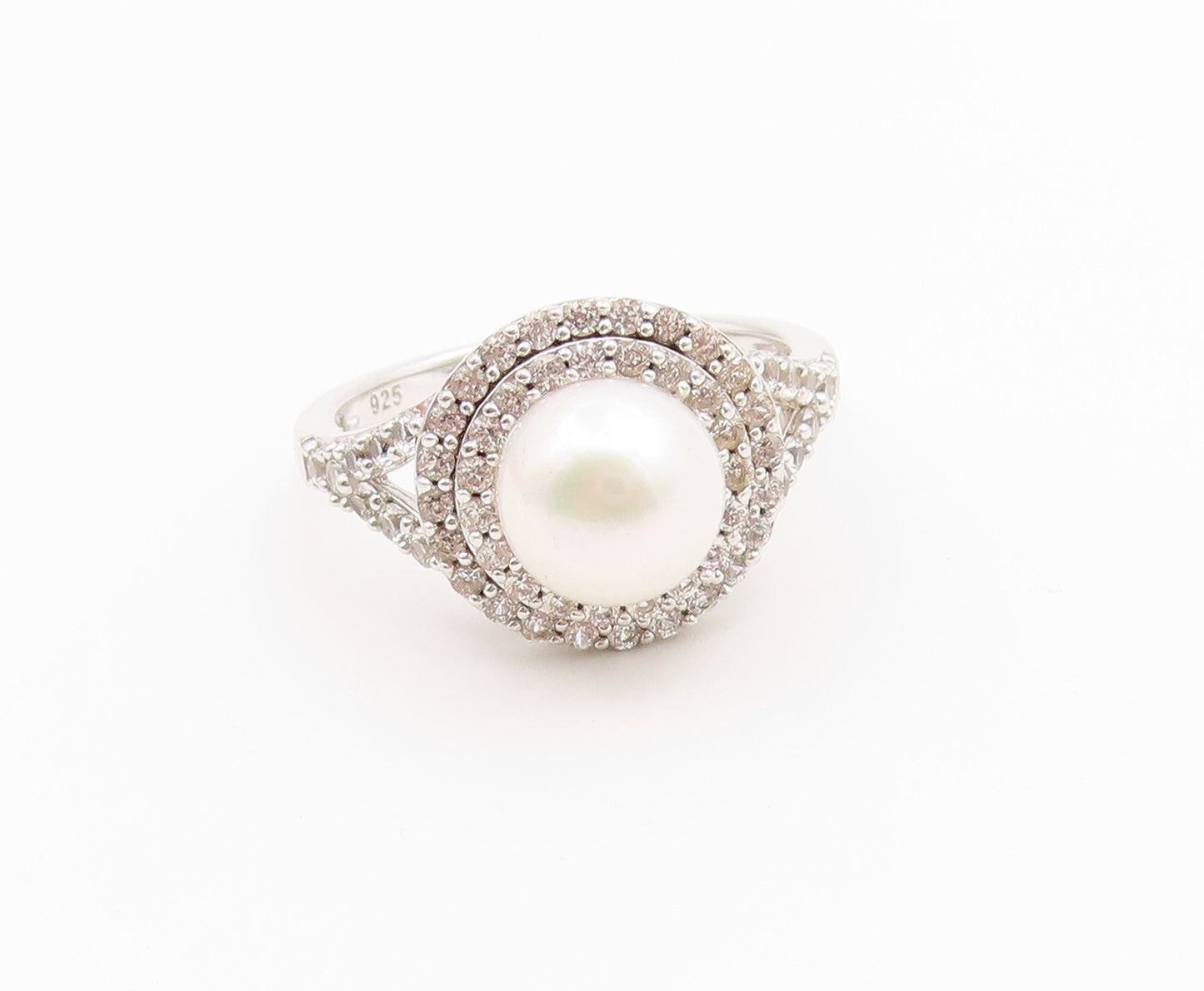 925 Sterling Silver Vintage Ring Pearl & Halo CZ Statement Band  Sz 7  RG36917