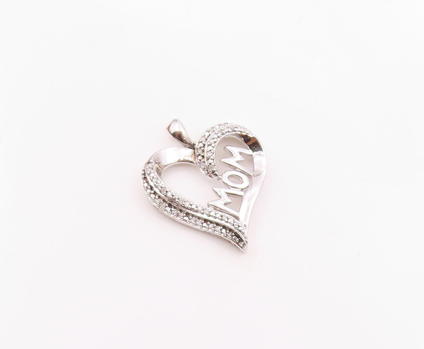 925 Sterling Silver  Vintage Genuine Diamonds Mom Love Heart Pendant  PT16609