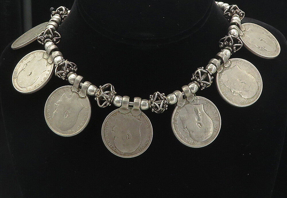 Solid Silver Vintage Antique Indian Rupee Coin Chain Necklace  NE1486