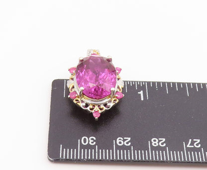 925 Sterling Silver Vintage Pendant Two Tone Oval Cut Pink Topaz Charm  PT26592