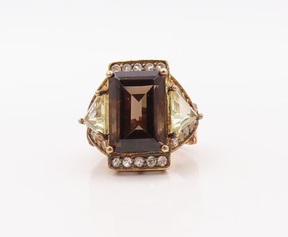925 Sterling Silver Vintage Ring Gold Plated Smoky Quartz & Topaz  Sz 6  RG30770