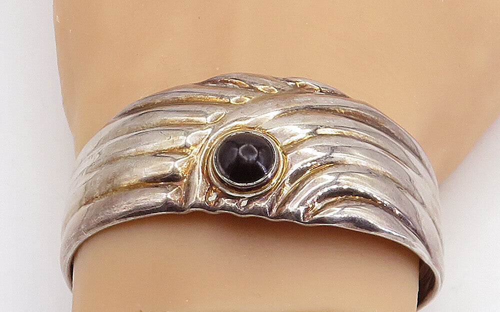 925 Sterling Silver  Vintage Black Onyx Fluted Design Cuff Bracelet  BT3012