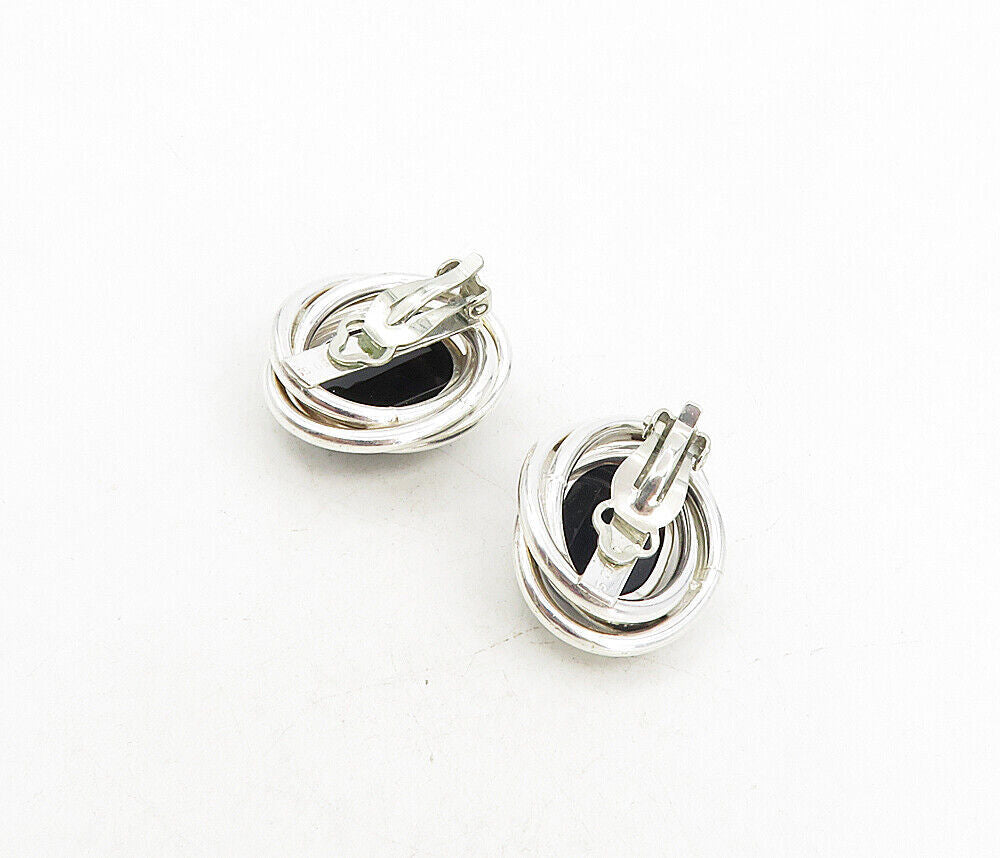 PETER BRAMS 925 Silver  Vintage Black Onyx Shiny Non Pierce Earrings  EG4521