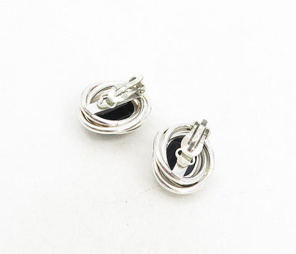 PETER BRAMS 925 Silver  Vintage Black Onyx Shiny Non Pierce Earrings  EG4521