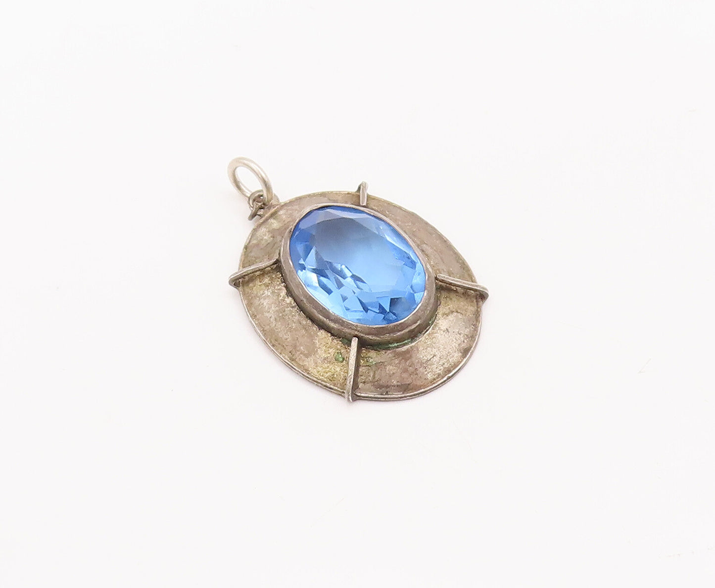 925 Sterling Silver Vintage Pendant Large Oval Cut Blue CZ Shield  PT23081