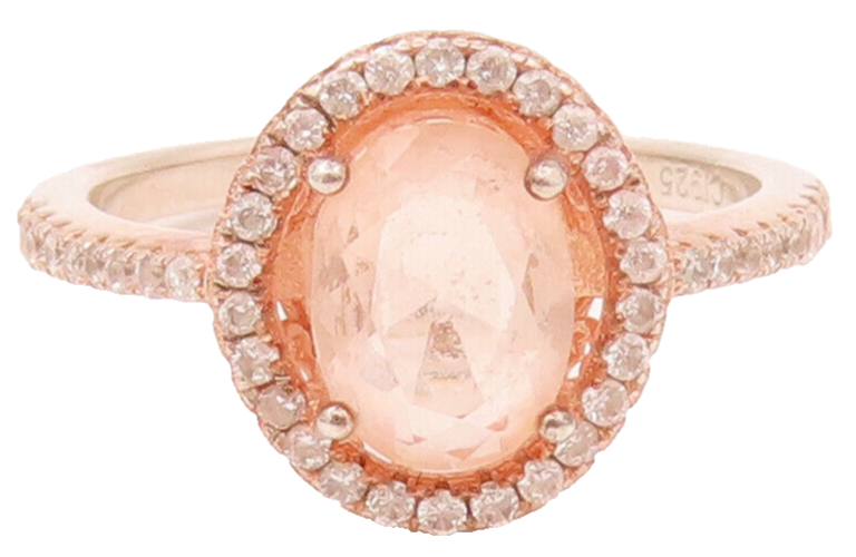 925 Sterling Silver  Vintage Rose Quartz Halo CZ Ring Sz 6.5  RG26586