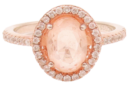 925 Sterling Silver  Vintage Rose Quartz Halo CZ Ring Sz 6.5  RG26586