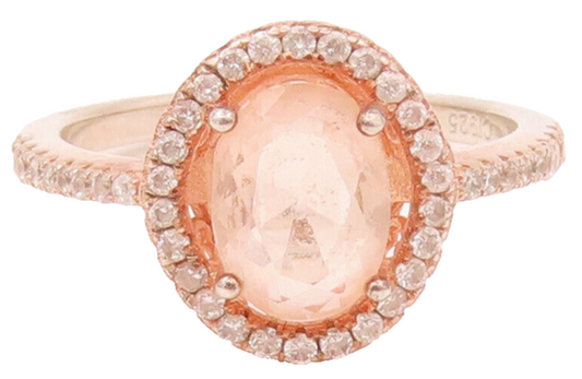 925 Sterling Silver  Vintage Rose Quartz Halo CZ Ring Sz 6.5  RG26586