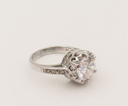 925 Silver  Vintage Dancing Cubic Zirconia Scrollwork Halo Ring Sz 7.5 RG26492