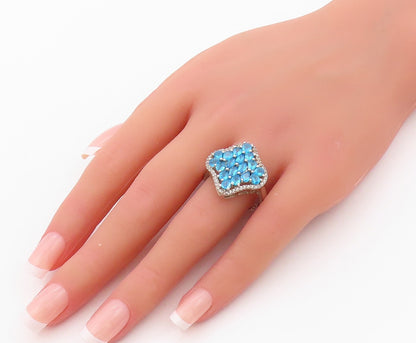 925 Sterling Silver Vintage Ring Drop Cut Blue & White CZ Inlay  SZ 10  RG32039