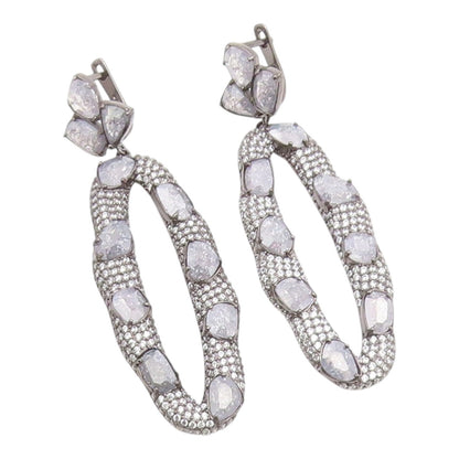 925 Sterling Silver Vintage Earrings Drusy Quartz & Topaz Oval Drop  EG14234