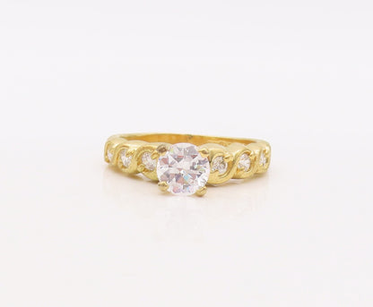 925 Sterling Silver Vintage Ring Gold Plated Carved Round CZ Inlay Sz 7  RG29925