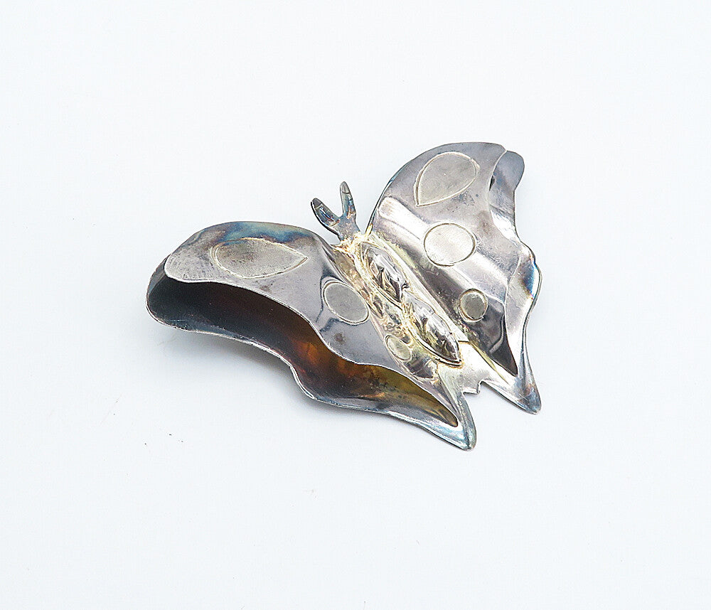 MEXICO 925 Silver  Vintage Shiny Dark Tone Butterfly Motif Brooch Pin  BP2891