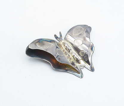 MEXICO 925 Silver  Vintage Shiny Dark Tone Butterfly Motif Brooch Pin  BP2891