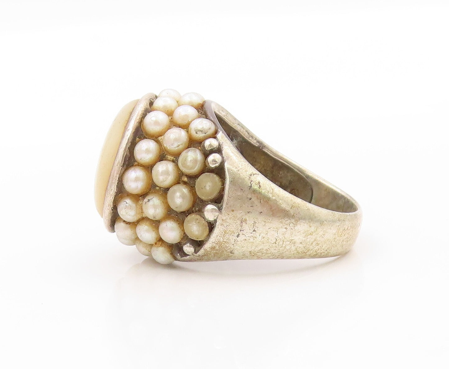 925 Sterling Silver Vintage Ring Mother Of Pearl Halo Pearls  SZ 10 RG31974
