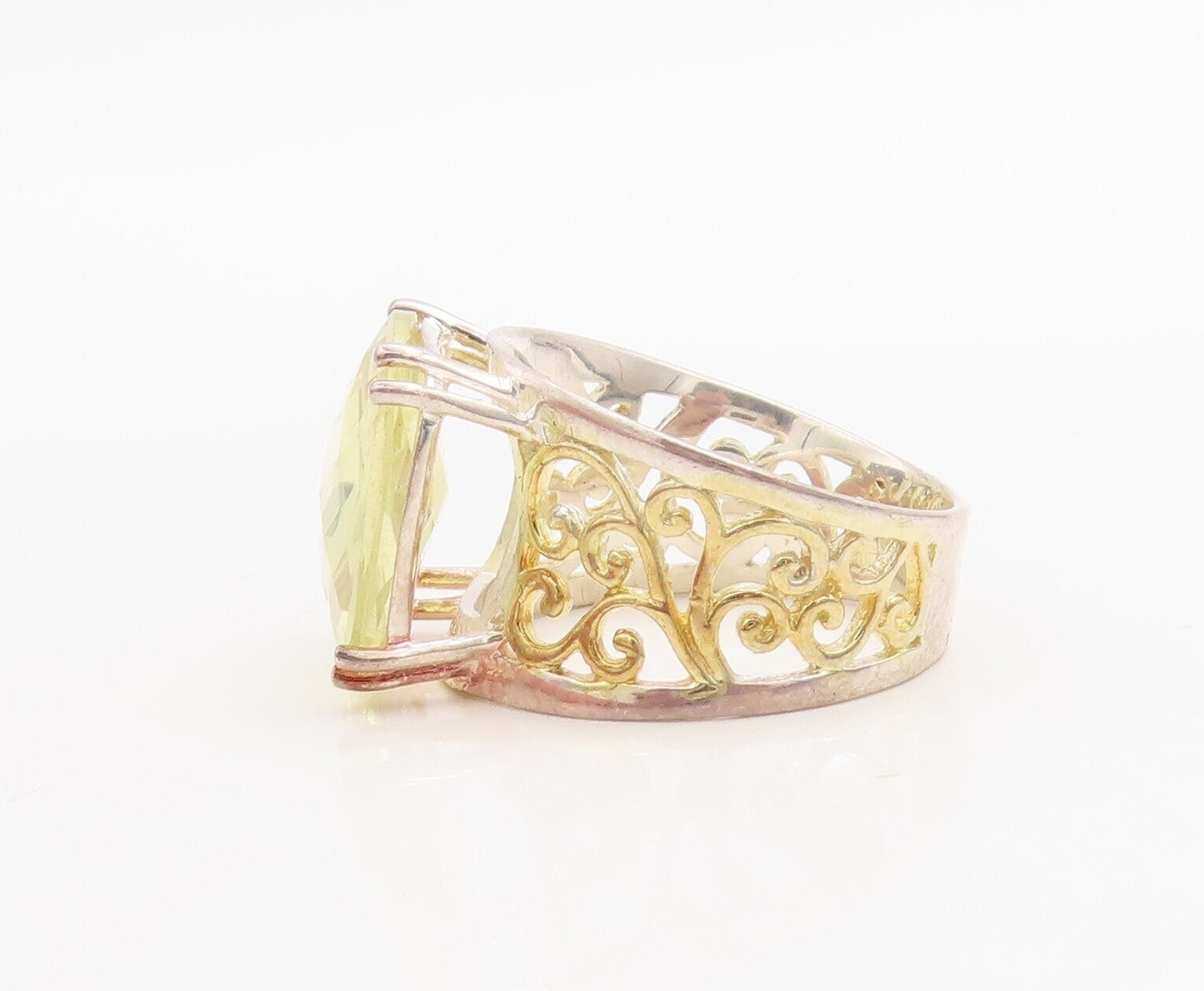 14K Gold 925 Sterling Silver Vintage Ring Swirly Cutout Citrine  Sz 7  RG30950