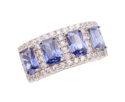 925 Sterling Silver Vintage Ring Rectangle Cut Blue & White CZ Band Sz 7 RG29987