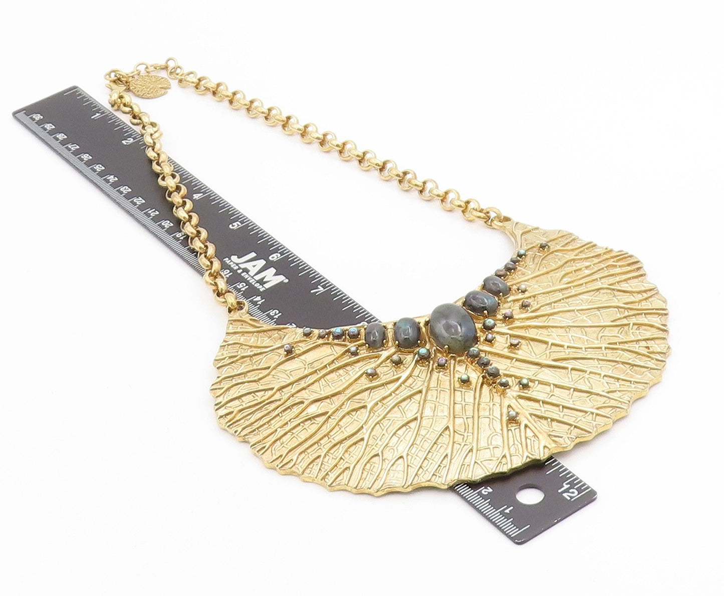 925 Sterling Silver Vintage Necklace Gold Plated Gemstone Textured Leaf  NE4696
