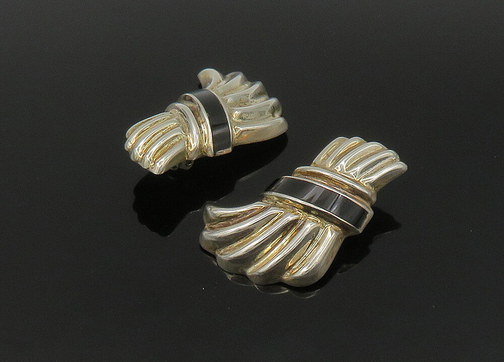 MEXICO 925 Silver  Vintage Black Onyx Fluted Non Pierce Earrings  EG11205