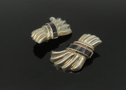 MEXICO 925 Silver  Vintage Black Onyx Fluted Non Pierce Earrings  EG11205