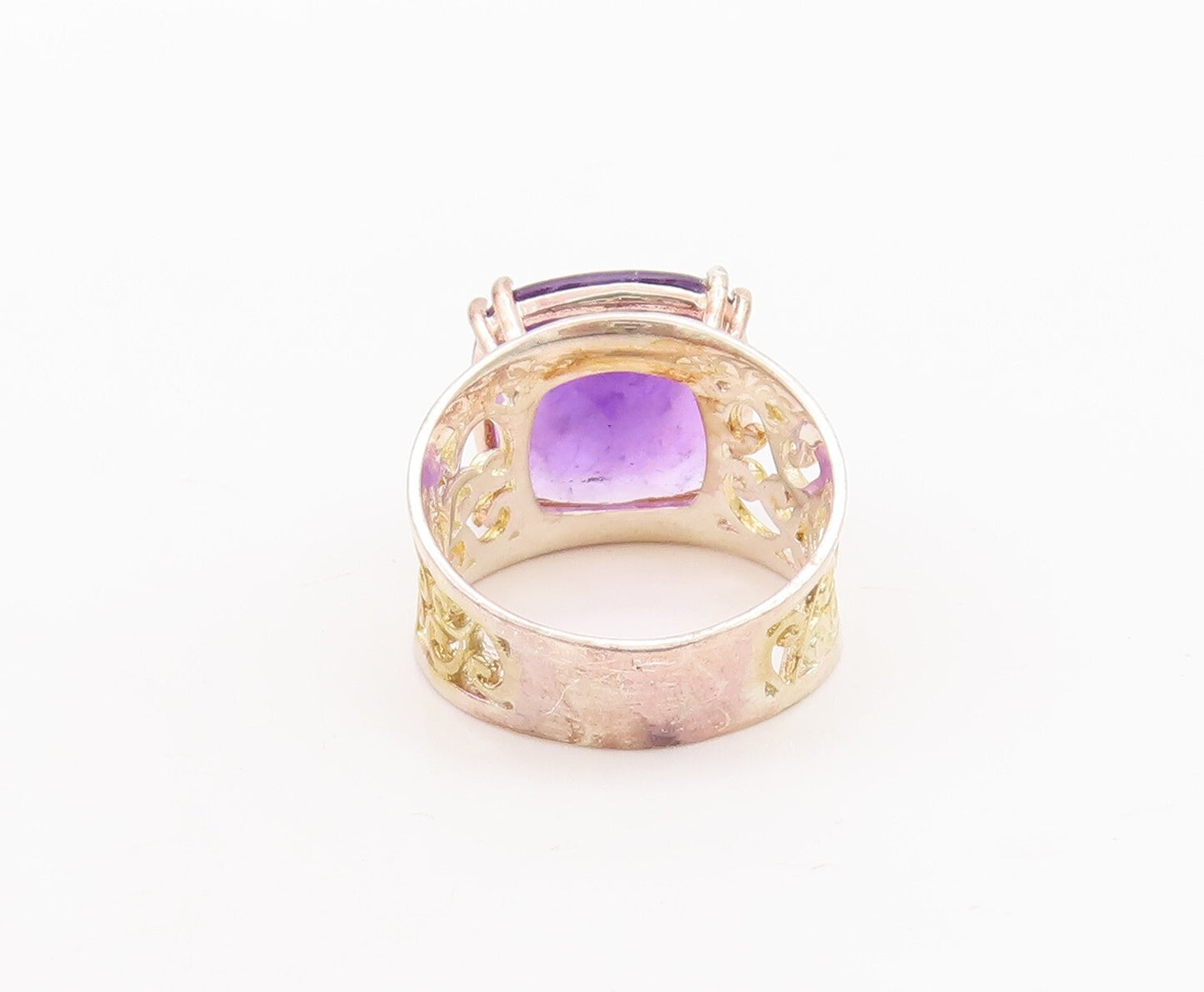 925 Sterling Silver Vintage Ring Swirly Cutout Square Amethyst  Sz 7  RG29465