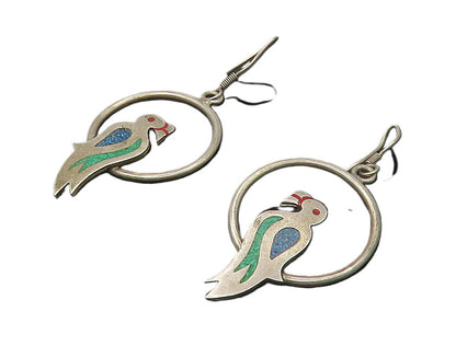 MEXICO 925 Silver  Vintage Crushed Turquoise Bird Motif Drop Earrings  EG8896
