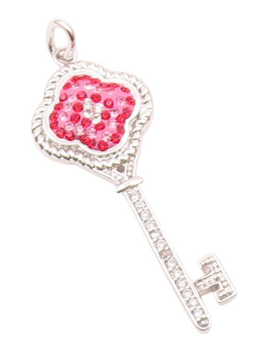 925 Sterling Silver  Vintage Pink Crystal & Topaz Key Motif Pendant  PT17410
