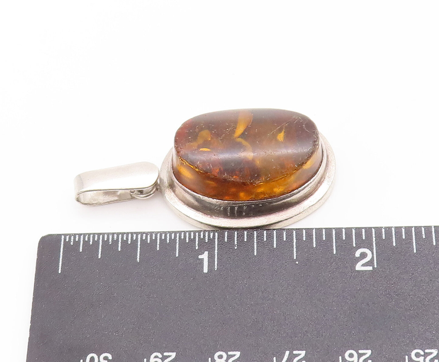 925 Sterling Silver Vintage Pendant POLAND Designer Oval Honey Amber  PT22576