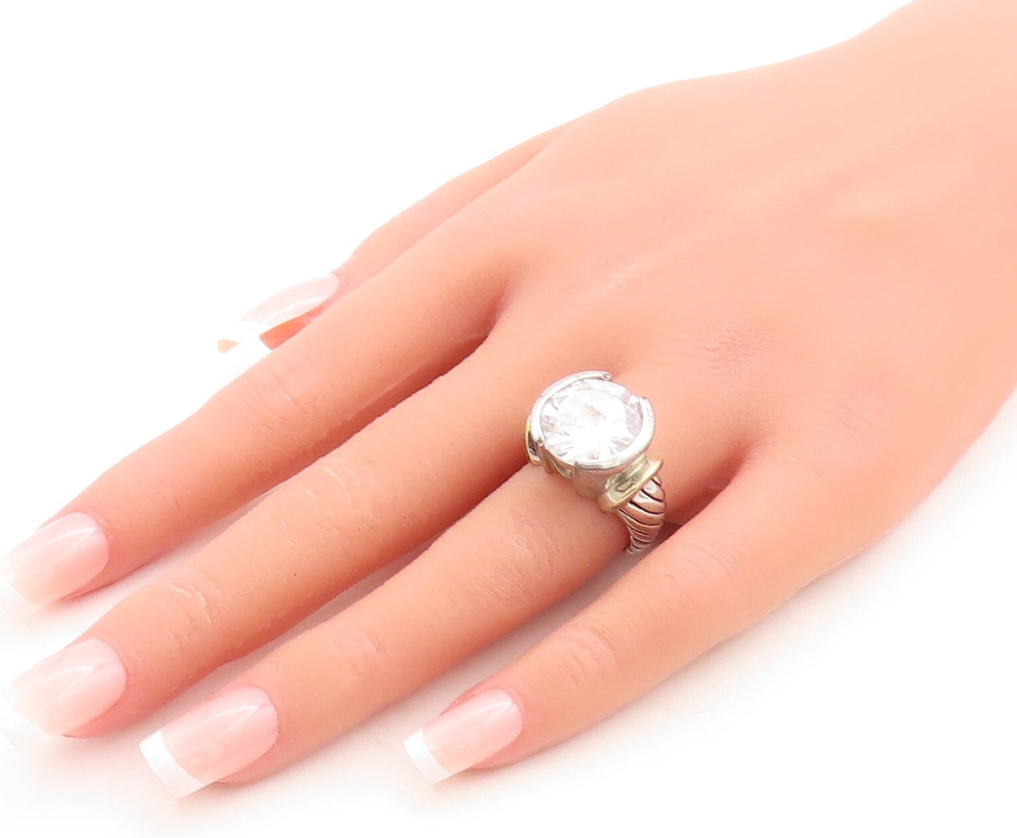 925 Sterling Silver Vintage Ring Etched Band Large Round Cut CZ  Sz 7  RG31486