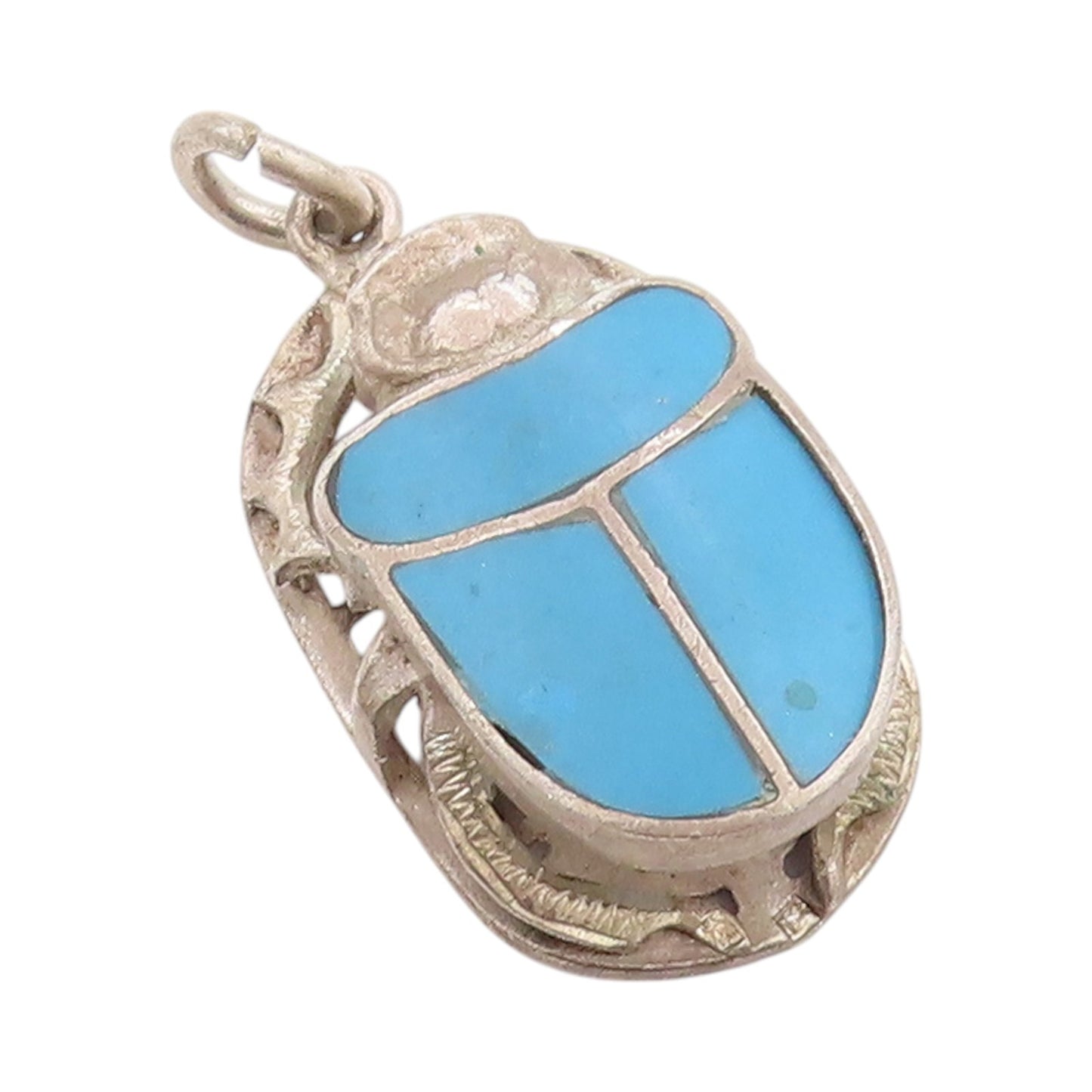 925 Sterling Silver Vintage Pendant Solid Carved Turquoise Scarab  PT24704