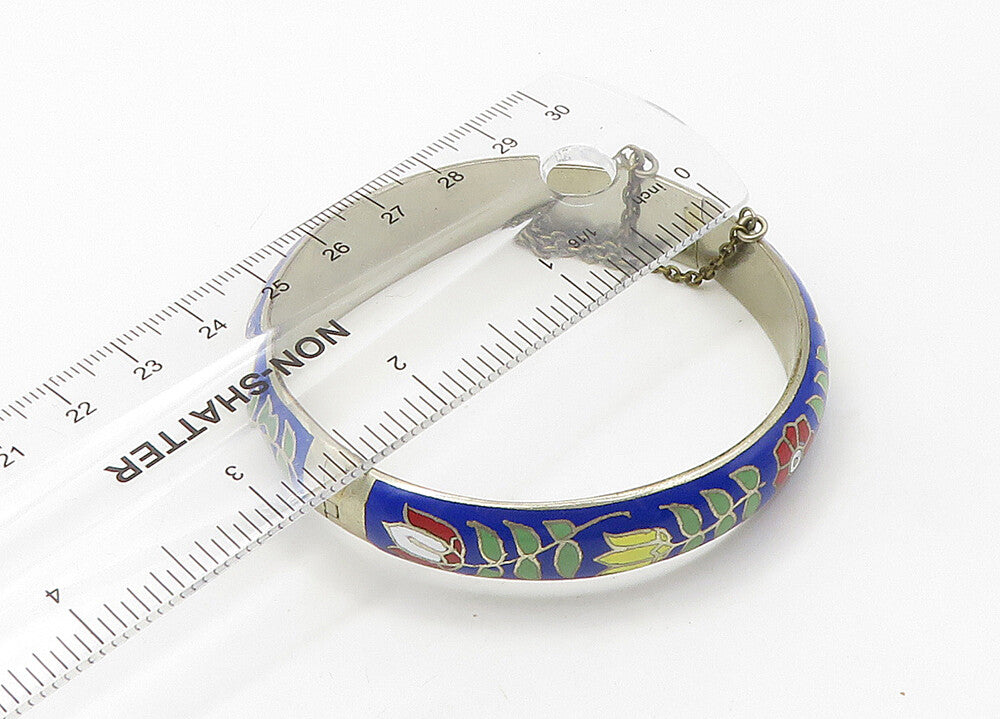 925 Sterling Silver  Vintage Enamel Floral Pattern Bangle Bracelet  BT8540