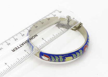 925 Sterling Silver  Vintage Enamel Floral Pattern Bangle Bracelet  BT8540