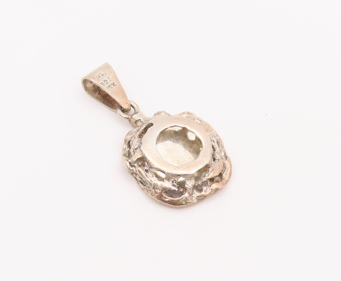 925 Sterling Silver Vintage Pendant MEXICO Donut Halo Brutalist Carved  PT22786