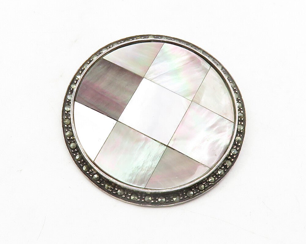 CLARK & COOMBS 925 Silver  Vintage Mother Of Pearl & Abalone Brooch Pin BP4514