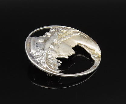 925 Sterling Silver Vintage Open Circle Lady With Floral Hat Brooch Pin BP9757
