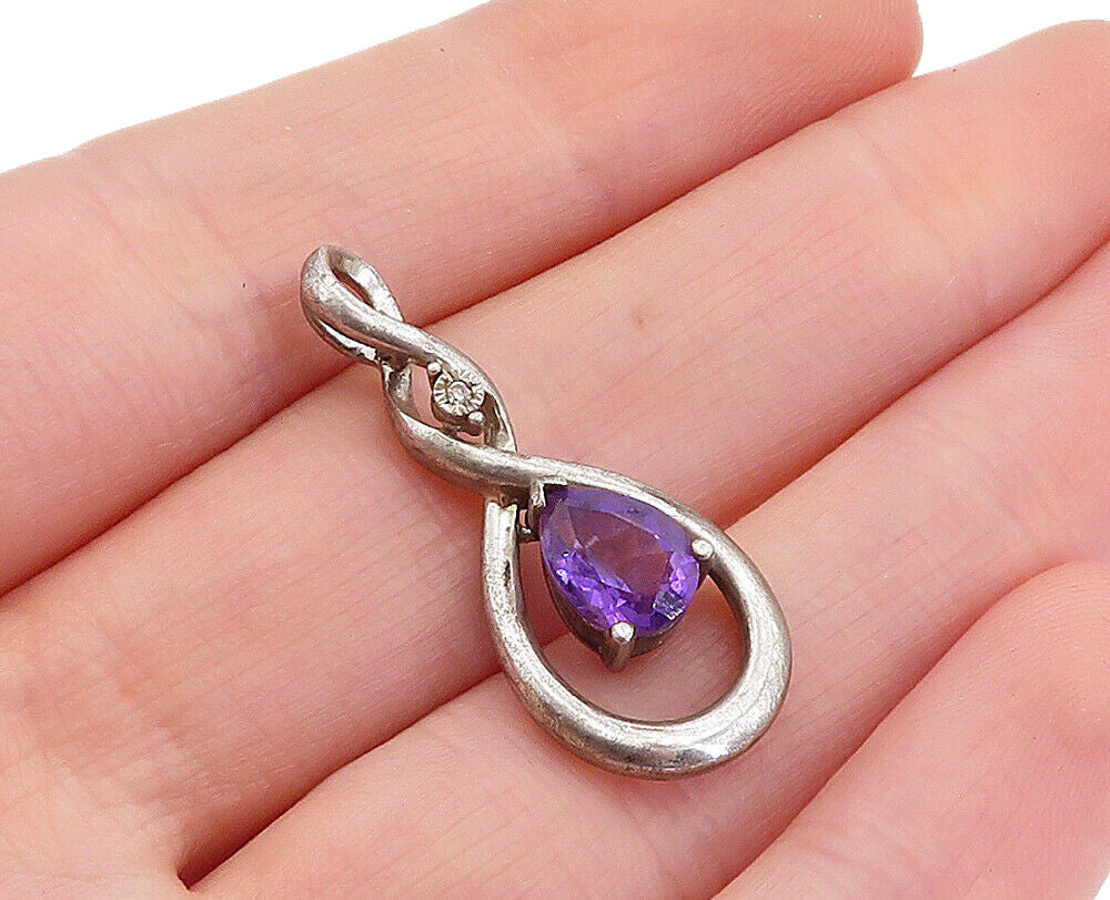 925 Sterling Silver  Vintage Amethyst & Genuine Diamond Twist Pendant  PT3572
