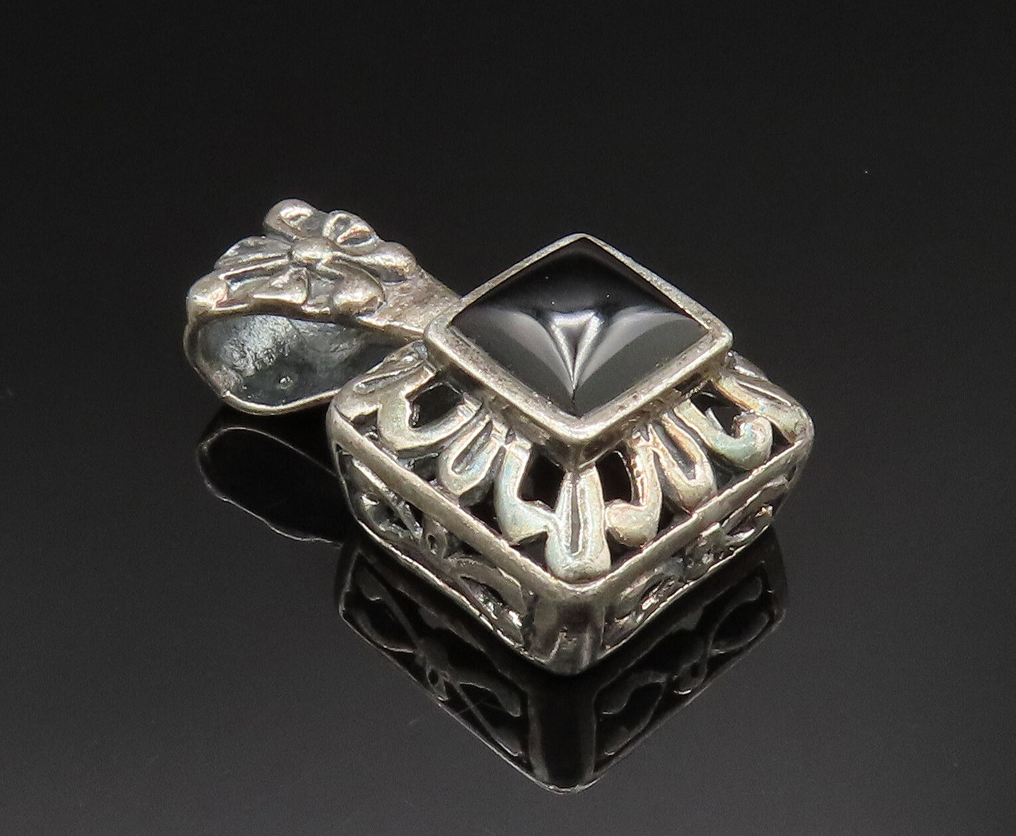 925 Sterling Silver  Vintage Square Black Onyx Scroll Work Pendant  PT20707
