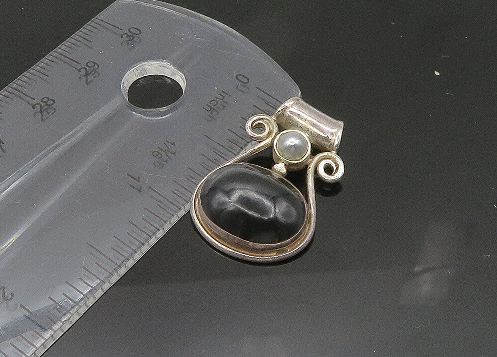 925 Sterling Silver  Vintage Cabochon Black Onyx & Pearl Swirl Pendant PT17711