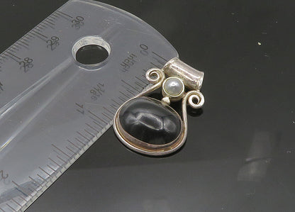 925 Sterling Silver  Vintage Cabochon Black Onyx & Pearl Swirl Pendant PT17711