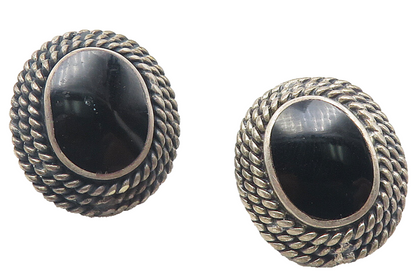 925 Sterling Silver  Vintage Black Onyx Rope Twist Oval Drop Earrings  EG6002