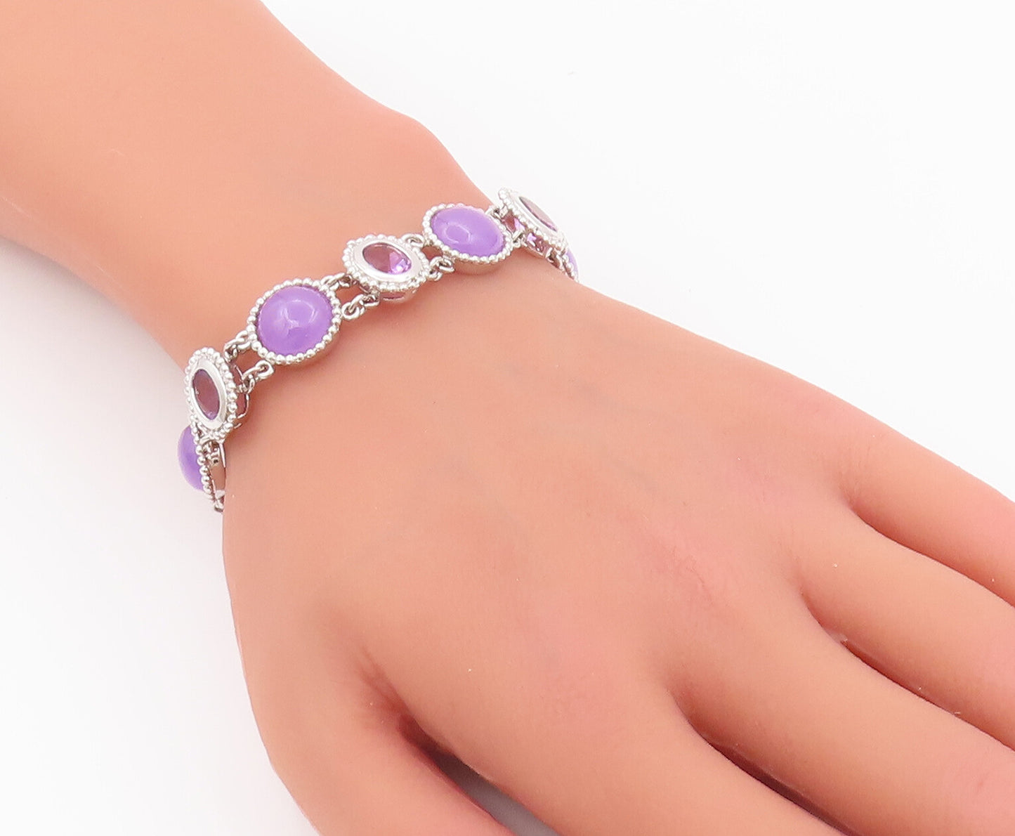 925 Sterling Silver Vintage Bracelet Oval & Round Amethyst Halo Beaded  BT10428
