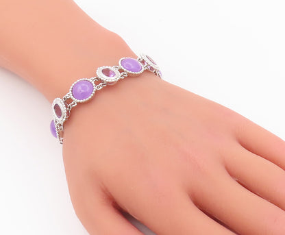 925 Sterling Silver Vintage Bracelet Oval & Round Amethyst Halo Beaded  BT10428